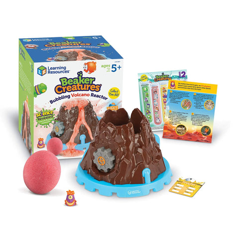 Beaker Creatures Bubbling Volcano Reactor Science Kit For Kids Ages 5 And Up with box, volcano, fizzing ball, and cards