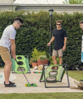 Group playing Backyard Golf Cornhole Game For Adults And Men near a pool, using foam balls and PVC tube frames for chipping practice.