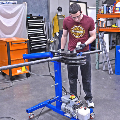 Heavy Duty Electro Hydraulic Pipe Tube Bender Forged For Rough Shop Jobs, 0.120 Wall Steel, in use with 0.75 HP motor.