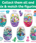Mini Axolotl Terrarium STEM Kit for Kids with egg-shaped tanks featuring axolotl, pony, princess, mermaid, dinosaur, and unicorn themes.