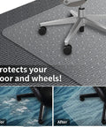 Clear Office Chair Mat For Carpeted Floors 63x51 Inches, showing mat under chair on carpet, with before and after effects.