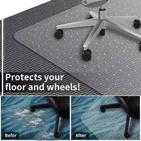 Clear Office Chair Mat For Carpeted Floors 63x51 Inches, showing mat under chair on carpet, with before and after effects.