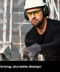 Man wearing Yellow Safety Glasses For Men, ANSI Z87 Rated Shooting Eyewear with adjustable SoftPad frames at construction site