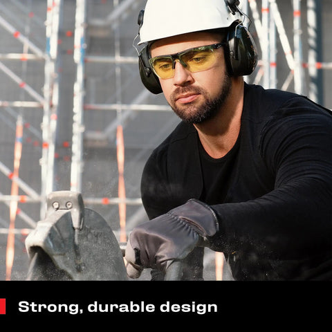 Man wearing Yellow Safety Glasses For Men, ANSI Z87 Rated Shooting Eyewear with adjustable SoftPad frames at construction site