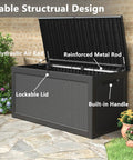 320 Gallon Outdoor Storage Box Resin Deck Box Waterproof For Patio Furniture Garden Tools And Pool Supplies Lockable And UV Resistant Rattan Black Heavy Duty Finish with hydraulic air rod and reinforced metal rod open in a garden setting.