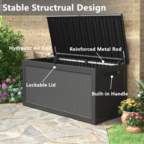 320 Gallon Outdoor Storage Box Resin Deck Box Waterproof For Patio Furniture Garden Tools And Pool Supplies Lockable And UV Resistant Rattan Black Heavy Duty Finish with hydraulic air rod and reinforced metal rod open in a garden setting.