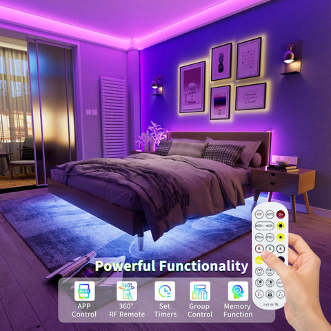Bedroom with 5V USB RGB COB LED Strip Light 4.92ft color changing tape, Bluetooth control, creating multicolor backlight mood