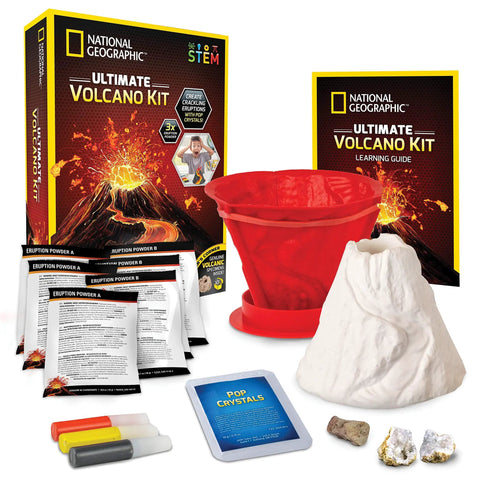 Ultimate Volcano Kit For Kids With 3X Eruptions And Pop Crystals shown with mold, powders, and guide for STEM learning.