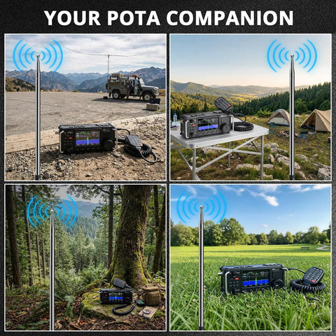 Portable 10 Band HF Antenna for Ham Radio On The Go, outdoor setups with stainless connector, tripod, and ground spike.