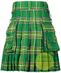 Mens Plaid Kilt With Adjustable Cowhide Leather Strap Detachable Cargo Pouch Chain Casual Streetwear Rugged Outdoor Style 40 Inch Length From Navel For Active Hiking Gear with green tartan pattern and two cargo pockets.