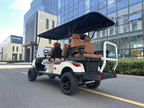 White 6 Passenger 4+2 Seater Electric Golf Cart With 48V 150Ah Lithium Battery And One Click Start showcasing the rear view.