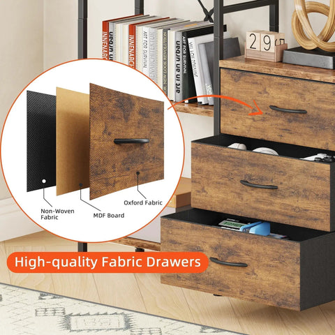 Industrial Rustic 47 Inch Wide Bookcase with ten display shelves and hidden fabric drawers detail, showing wood and fabric materials
