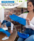 Person applying Disposable No Slip Shoe Covers Indoors Blue CPE Waterproof One Size Fits Most 100 Pack 50 Pairs.