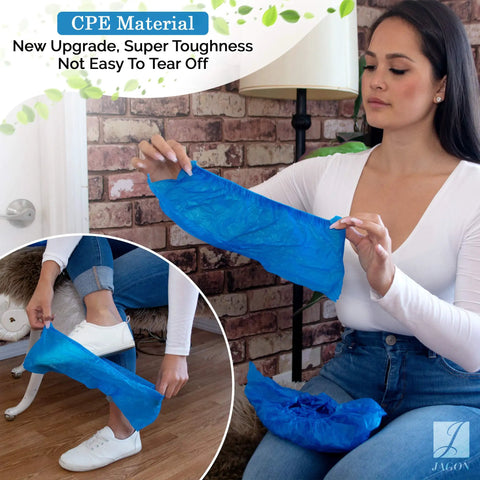 Person applying Disposable No Slip Shoe Covers Indoors Blue CPE Waterproof One Size Fits Most 100 Pack 50 Pairs.
