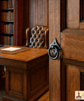 Mystic Colonial Cast Iron Ring Pull Handles With Screw Blackened Hammered Finish Antique Cabinet Hardware installed on office door.