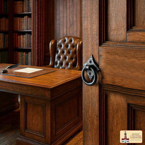 Mystic Colonial Cast Iron Ring Pull Handles With Screw Blackened Hammered Finish Antique Cabinet Hardware installed on office door.