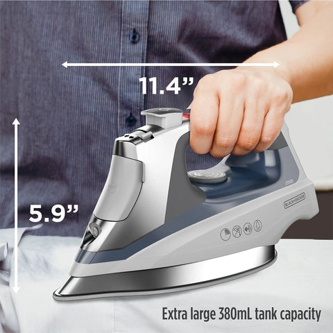 Person using Allure Professional Steam Iron With Dynamic Steam Technology For Quick Wrinkle Busting on Clothes and Linens Model D3030.