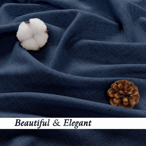 Navy Blue Curtain Set With Light Filtering Faux Linen Texture fabric close-up featuring cotton boll and pinecone accents