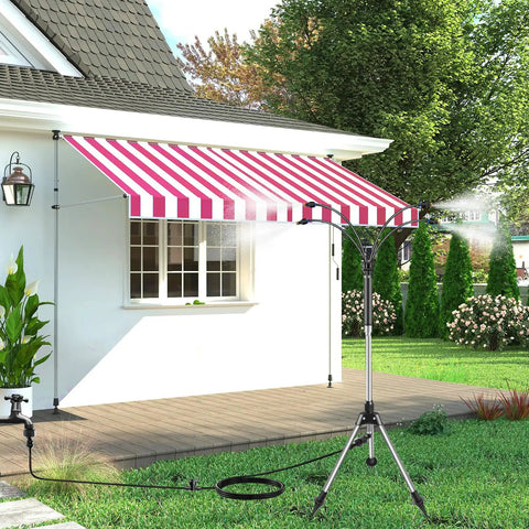 Outdoor Patio Water Mister System 26.5 Feet Portable Cooling Mister With Adjustable Height Stand Flexible Tubing And Wind Resistant Stainless Base in use on patio