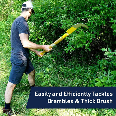 Man using Heavy Duty 47 Inch Long Handle Weeding Sickle With 14.75 Inch Curved Steel Blade for bramble removal in a field