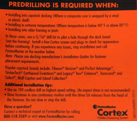 Instructions for Hidden Fasteners Kit For Trex Transcend Havana Gold Decking with Cortex Plugs on orange background