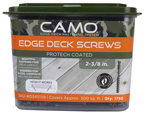Rugged Edge Deck Screws With Hidden Fastener System For Quick And Crack Free Setup On Composite Cedar Or Pressure Treated Boards Weather Guard Coating Stops Rust And Clamps Tight On Angled Deck Frames Contains 1750 Pro Grade Iron Bolts in a container.