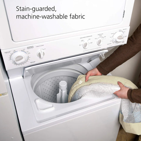 Extra Wide Doorways Fabric Baby And Pet Gate Pressure Mounted being washed in a machine showing stain-guarded, washable fabric.