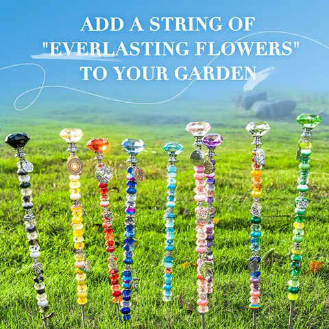 513 Piece DIY Beaded Garden Stakes And Fairy Wand Craft Kit With Sparkling Crystal Accents And Eighteen Rock Solid Threads in colorful display on grass.