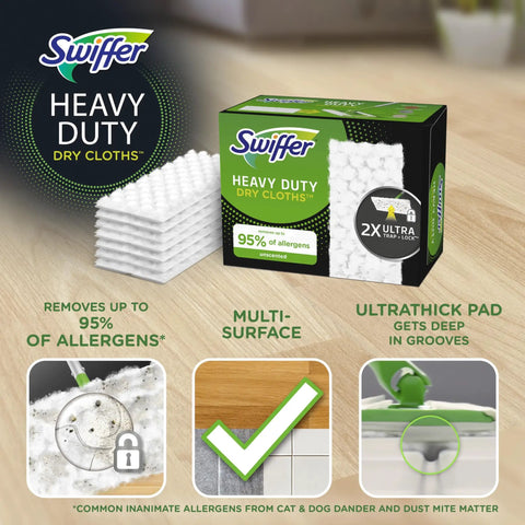 Heavy Duty Dry Sweeping Cloths 40 Pack Loaded With 3D Grip Fibers shown in a package on hardwood floor.