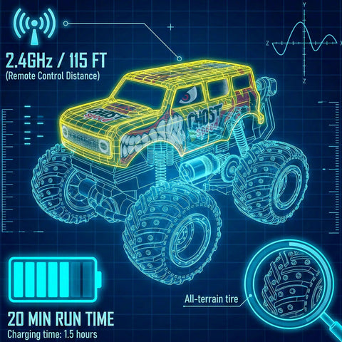 Blueprint of Remote Control Monster Truck With Dancing Spins Lights And Music 1 20 Scale RC Car For Boys Aged 4 To 10 Yellow Color Super Fun Birthday Gift For Kids Perfect Holiday Surprise showing design and features like run time and remote distance