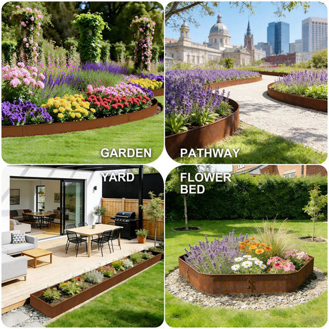 Cor Ten Weathering Steel Landscape Edging Kit 20 Ft 6 Pack With Gloves 10 Inch Rusted Border in various garden settings