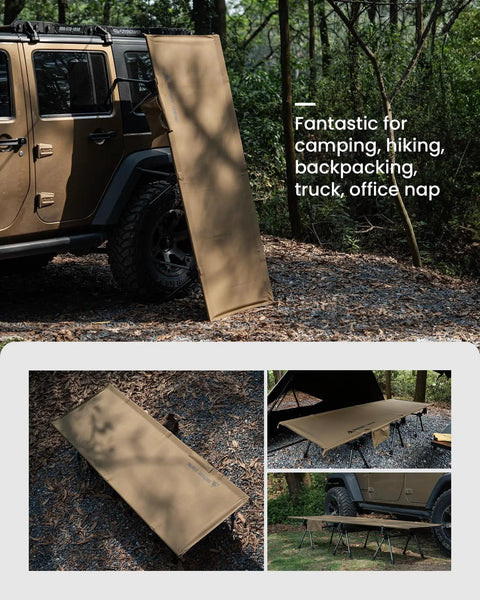 Super Sturdy Height Adjustable Camping Cot With Leg Extenders next to a truck, ideal for camping and hiking.