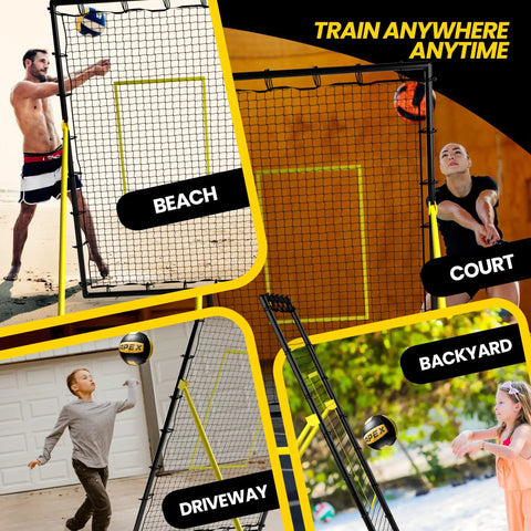 Volleyball Rebounder Net 7 By 4 Foot With Adjustable Angles For Pro Style Practice And Training shown in various locations