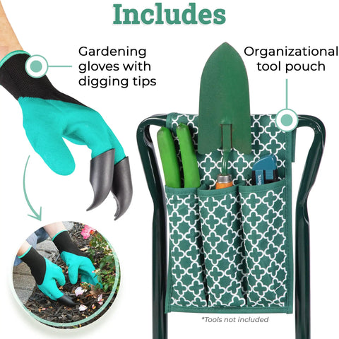 All In One Garden Kneeler And Seat With Knee Cushion And Flip Design For Comfortable Gardening shown with tool pouch and gloves