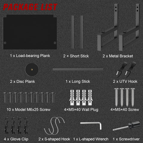 Package list for Badass Solid Wood Motorcycle Helmet Holder Wall Mounted With Four Glove Clips And Four Heavy Duty Hooks.