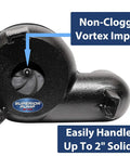 Built Tough 1/2 HP Cast Iron Sewage Pump System With 2 Inch Discharge And Vertical Float Switch, Non Clogging Vortex Impeller, Handles Up To 4800 GPH And 25 Feet Of Lift, Black showing non-clogging vortex impeller detail.
