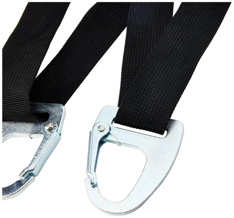Shoulder dolly heavy-duty straps for two-person lifting; black nylon webbing with silver hooks; close-up hardware