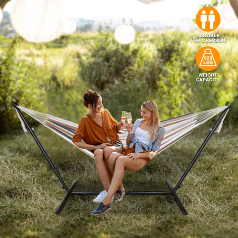 Two Person Portable Hammock With 9 Foot Stand, Heavy Duty 620 Lbs Capacity, Adjustable Hammock Bed, installed outdoors.