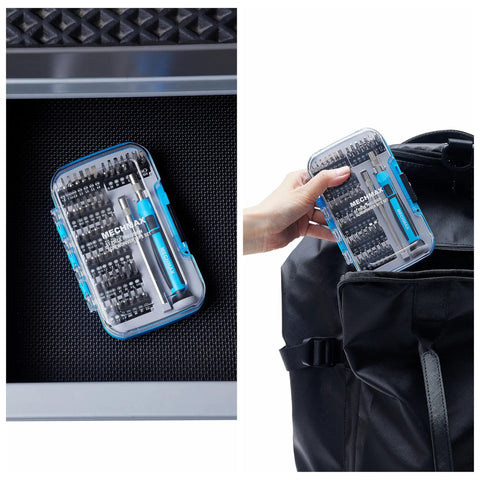 Pro Grade All In One Magnetic Precision Screwdriver Set With 51 Pieces For Electronics Repair, shown in a clear case and fitting in a backpack