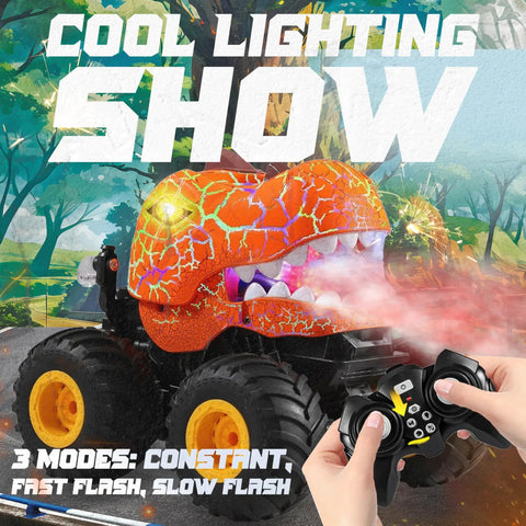 Remote Control Monster Truck For Kids Ages Four To Seven Orange With 360 Spin And Drifting Lights And Music 1 To 20 Scale RC Car For Boys Spray Feature Easy Stunts Built To Last Toy Truck with lighting show and remote.