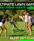 People playing Roundnet Slammo Game Set for Backyard and Beach Fun two on two on grass, enjoying fast-paced competitive play.