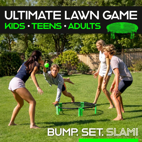 People playing Roundnet Slammo Game Set for Backyard and Beach Fun two on two on grass, enjoying fast-paced competitive play.