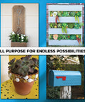 Liquid Fusion Heavy Duty Craft Glue used on house number sign, planter with rhinestones, vertical garden, and blue mailbox.