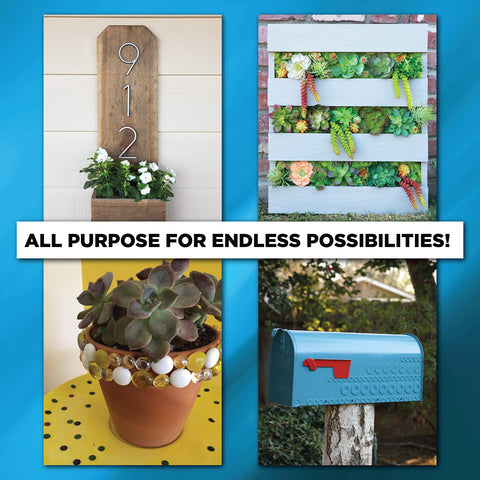 Liquid Fusion Heavy Duty Craft Glue used on house number sign, planter with rhinestones, vertical garden, and blue mailbox.