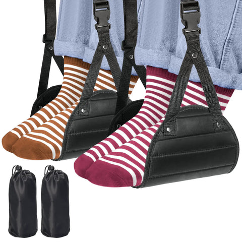 Two Pack Airplane Travel Footrest Hammock For Relaxing Your Feet On Long Flights, striped socks in footrests