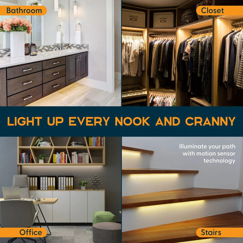 Under Cabinet LED Light Kit For Kitchen With Motion Sensor 3 Light Strips in bathroom, closet, office, and stairs