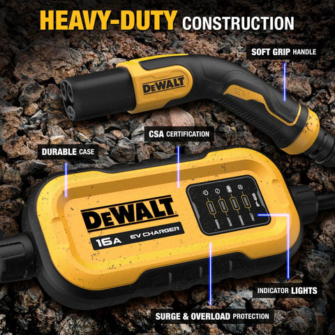 DeWalt 16A EV Charger with soft grip handle and indicator lights, showcasing durable CSA certified construction.