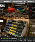 Premium Quality Industrial Grade Drill Bit Organizer Storage Box With 118 Precision Holes And Easy Reference Chart, organized drill bits in steel racks.