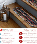 Colorful stair treads on wooden steps with a lantern and product comparison chart nearby.