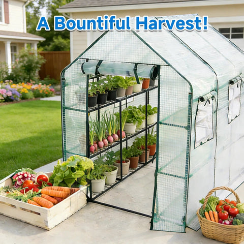 Walk In Outdoor Greenhouse With 56 By 85 Inch Footprint And 77 Inch Height, Portable Garden House With Three Tiers And Twenty Shelves For Plants, Veggies, Flowers, Patio Or Backyard Use White Finish